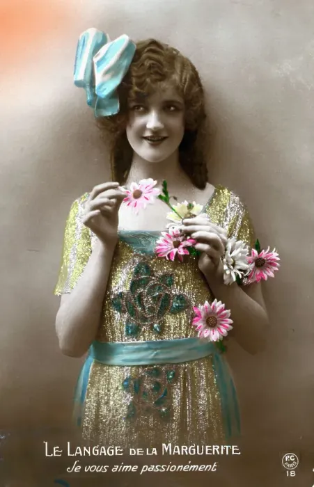 Framed Print : French Postcard of Woman Holding Flowers Framed Print : French Postcard of Woman Holding Flowers