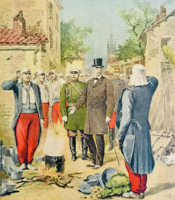 Framed Print : The French president visits the soldiers during the maneuver and talks to them while cooking the soup
