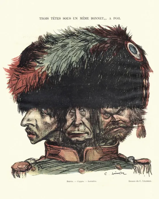 Framed Print : French satirical cartoon - Three heads under one hat Framed Print : French satirical cartoon - Three heads under one hat