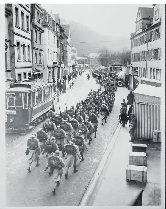 Framed Print : French Troops Evacuating Rhine Through City Streets Framed Print : French Troops Evacuating Rhine Through City Streets