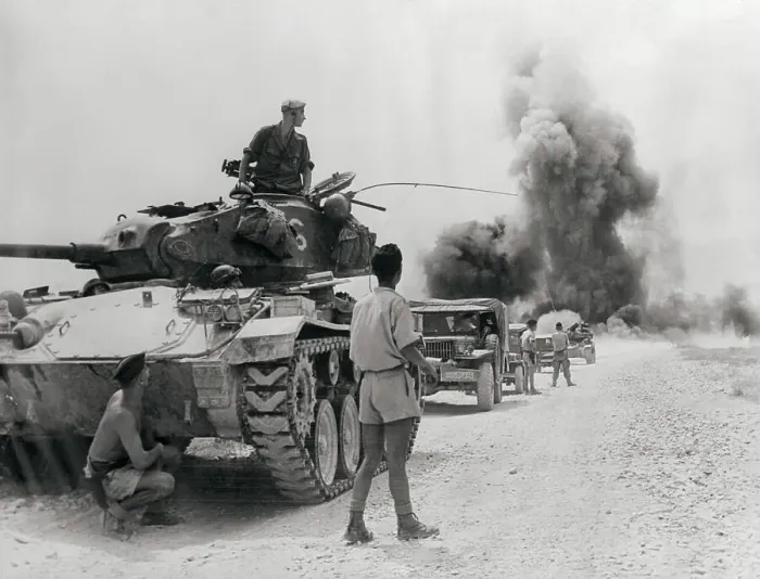 Framed Print : French Troops Look Back at Burning Bridge, Hanoi
