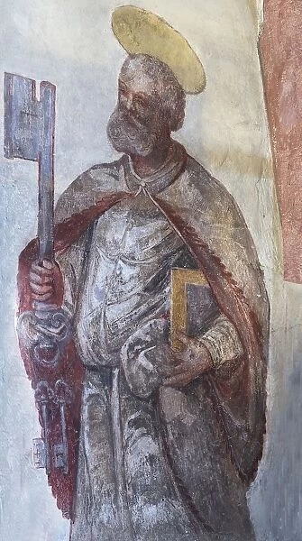 Fresco of Saint Peter with the three keys from the 16th century, St. Egidien, Beerbach, Middle Franconia, Bavaria, Germany
