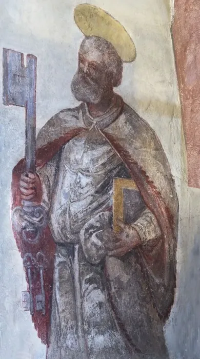 Framed Print : Fresco of Saint Peter with the three keys from the 16th century, St. Egidien, Beerbach, Middle Franconia, Bavaria, Germany Framed Print : Fresco of Saint Peter with the three keys from the 16th century, St. Egidien, Beerbach, Middle Franconia, Bavaria, Germany