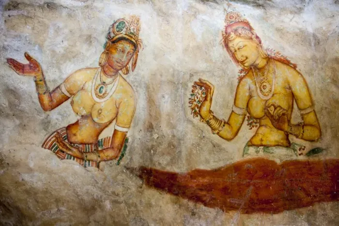 Framed Print : Frescoes depicting two bared chested women talking Framed Print : Frescoes depicting two bared chested women talking
