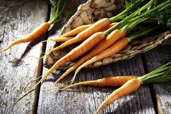 Fresh carrots, carrots in a wicker basket on rustic wood