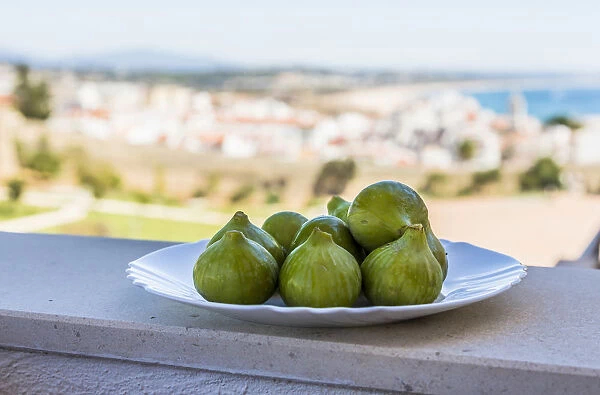 Fresh green figs -Ficus carica- on a plate, Lagos, Algarve, Portugal, Europe