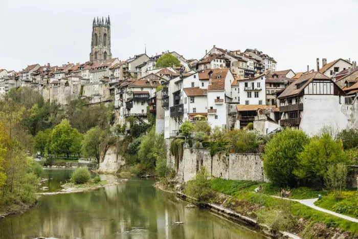 Framed Print : Fribourg townscape near Saane river, Fribourg Canton, Switzerland Framed Print : Fribourg townscape near Saane river, Fribourg Canton, Switzerland
