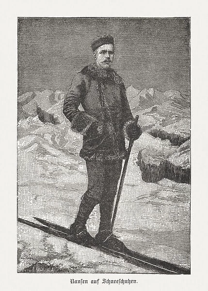 Fridtjof Nansen (1861-1930, Norwegian explorer) on skis, woodcut, published 1898