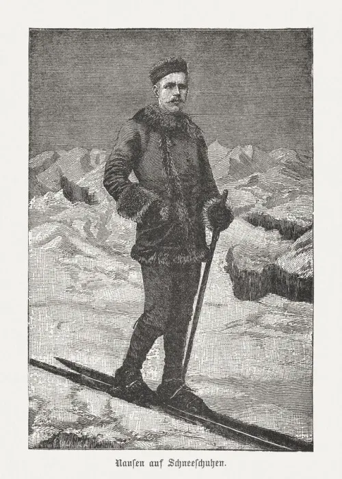 Framed Print : Fridtjof Nansen (1861-1930, Norwegian explorer) on skis, woodcut, published 1898 Framed Print : Fridtjof Nansen (1861-1930, Norwegian explorer) on skis, woodcut, published 1898