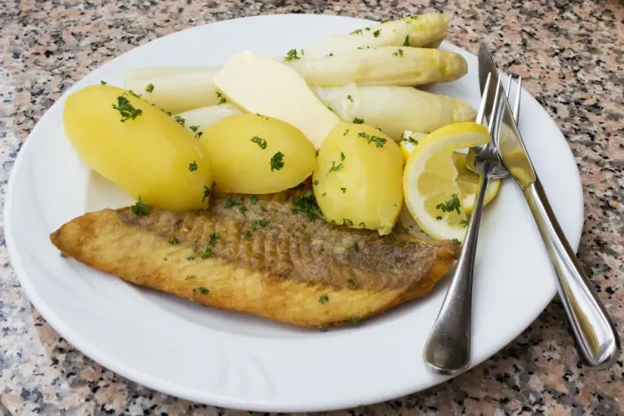 Framed Print : Fried salmon with asparagus, butter and boiled potatoes Framed Print : Fried salmon with asparagus, butter and boiled potatoes