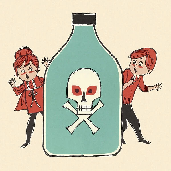 Frightened Boy and Girl With Poison Bottle