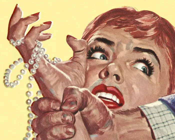 Framed Print : Frightened Woman Holding Pearls