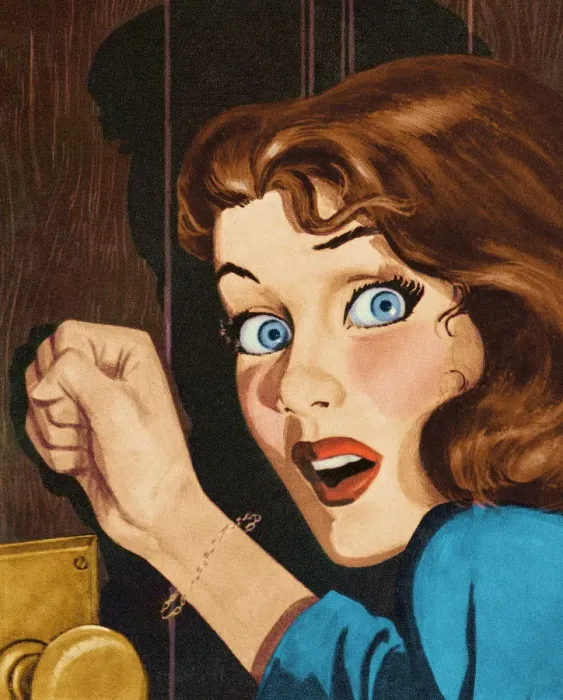 Framed Print : Frightened Woman Knocking on Door Framed Print : Frightened Woman Knocking on Door