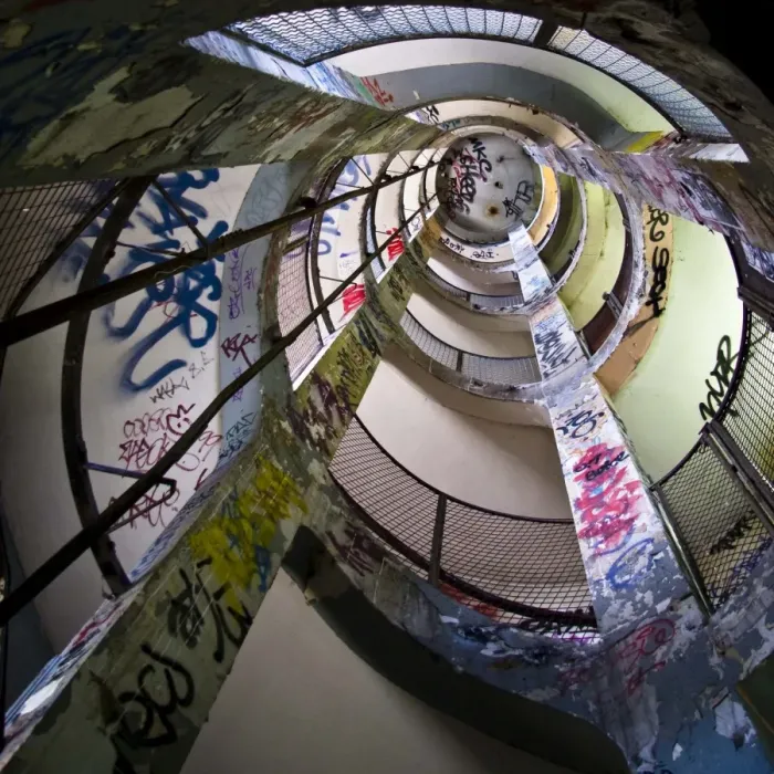 Framed Print : Frigos. Spiral staircase seen from above. Graffitti Framed Print : Frigos. Spiral staircase seen from above. Graffitti