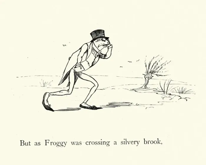 Framed Print : Frog He Would A-Wooing Go, nursery rhyme, as Froggy was crossing a slivery brook Framed Print : Frog He Would A-Wooing Go, nursery rhyme, as Froggy was crossing a slivery brook