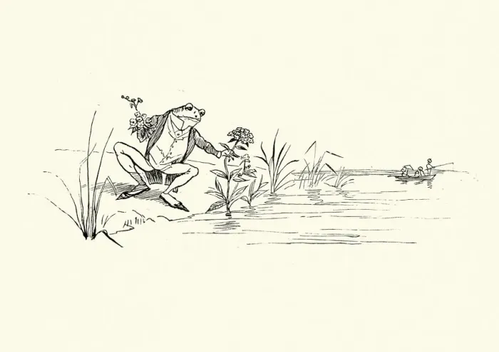 Framed Print : Frog picking flowers from the pond, childrens nursery rhyme Framed Print : Frog picking flowers from the pond, childrens nursery rhyme