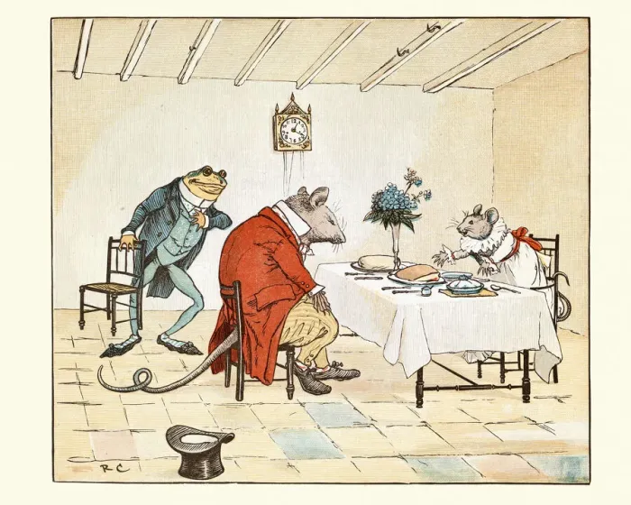 Framed Print : Frog and rat having lunch with Miss Mousey, Nursery rhyme, Frog He Would A-Wooing Go