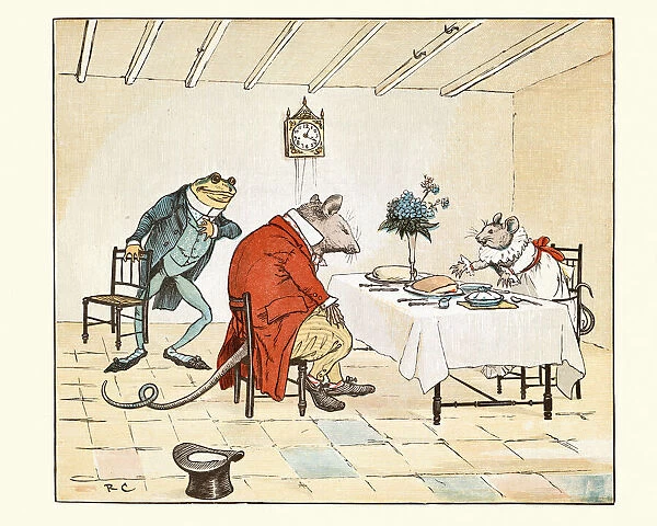 Frog and rat having lunch with Miss Mousey, Nursery rhyme, Frog He Would A-Wooing Go