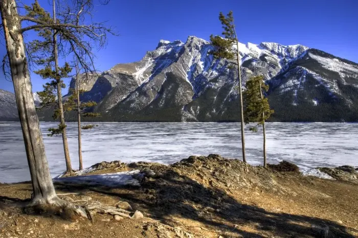 Framed Print : Frozen Lake Minnewanka and Mount Inglismaldie, Banff National Park, Alberta, Canada
