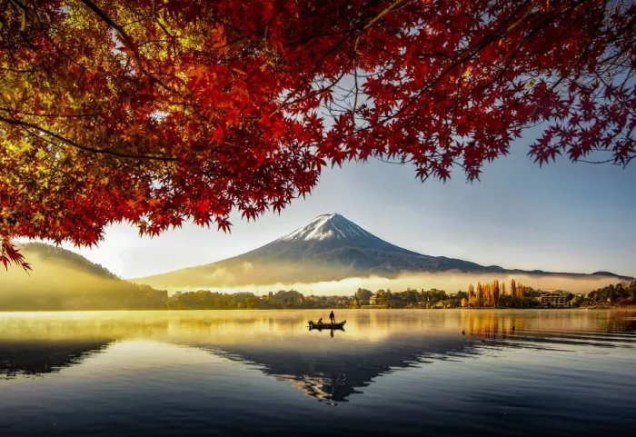 Framed Print : Fuji Mountain and Fisherman Boat with Morning Mist in Autumn, Kawaguchiko Lake, Japan Framed Print : Fuji Mountain and Fisherman Boat with Morning Mist in Autumn, Kawaguchiko Lake, Japan