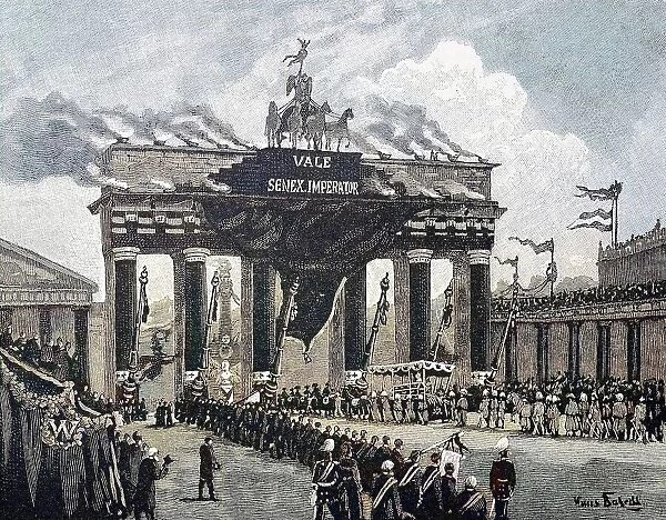 A funeral procession at the Brandenburg Gate, Berlin, Germany, funeral procession of the German Emperor Wilhelm I. 1888, digitally restored reproduction of a 19th century original, exact original date unknown