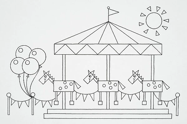 Funfair horse carousel, line drawing