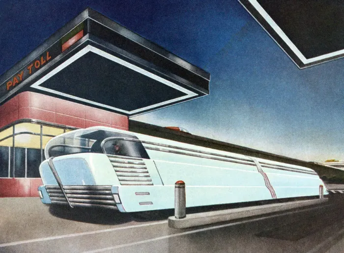 Framed Print : Futuristic Bus at Toll Booth Framed Print : Futuristic Bus at Toll Booth