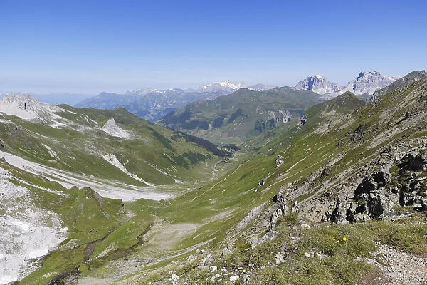 Gafital valley, Praettigau, Raetikon mountain range, Graubuenden or Grisons, Switzerland, view from Gafierjoch on the border to Austria