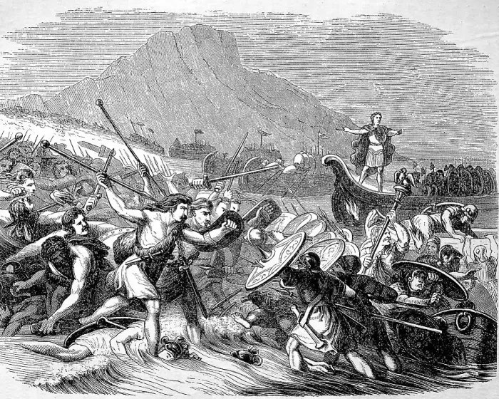 Framed Print : Gaius Iulius Caesar and his soldiers reached Britain, 55 BC the History of Ancient Rome, Roman Empire, Italy, Historical, digitally restored reproduction of a 19th century original Framed Print : Gaius Iulius Caesar and his soldiers reached Britain, 55 BC the History of Ancient Rome, Roman Empire, Italy, Historical, digitally restored reproduction of a 19th century original