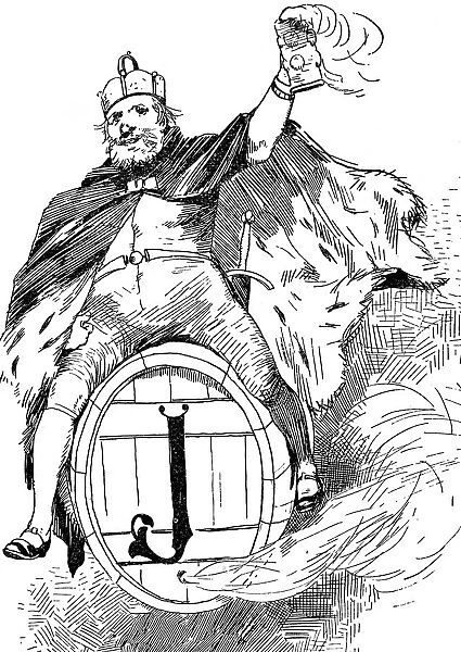 Gambrinus symbol, king and founder of beer brewing, riding on a barrel