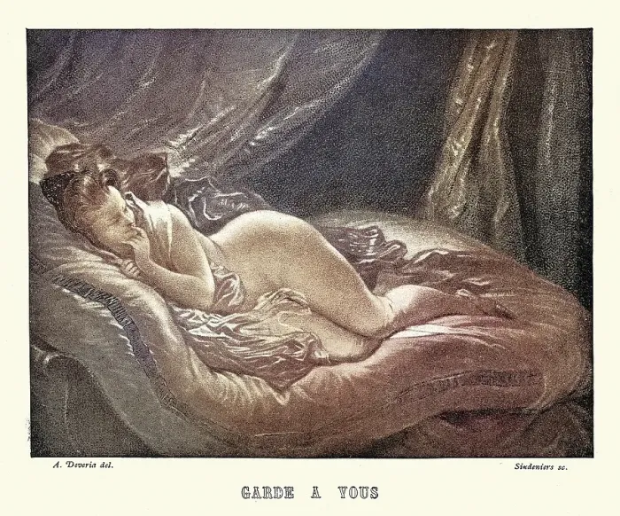 Framed Print : Garde a vous, Portrait of a woman in bed, after Achille Devéria, Vintage Victorian art Illustration, 19th Century Framed Print : Garde a vous, Portrait of a woman in bed, after Achille Devéria, Vintage Victorian art Illustration, 19th Century