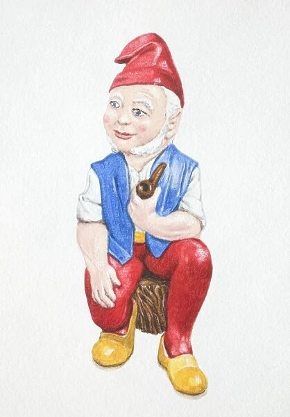 Garden gnome sitting down on tree stump and holding pipe, front view