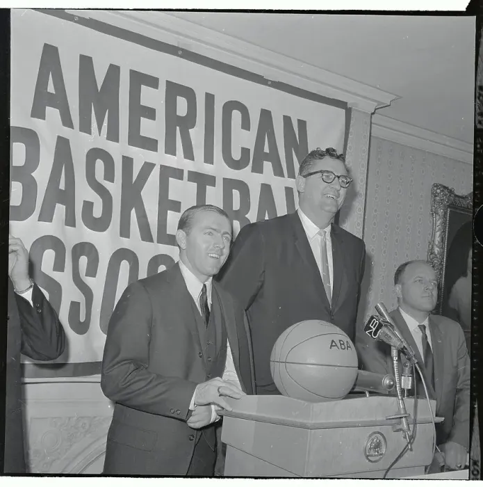 Framed Print : Gary Davidson and George Mikan Announcing the Formation of the American Basketball Association Framed Print : Gary Davidson and George Mikan Announcing the Formation of the American Basketball Association