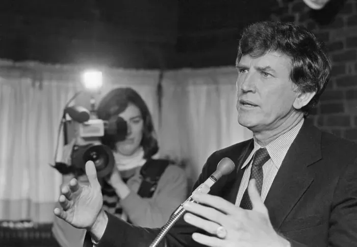 Framed Print : Gary Hart at Press Conference on Iran-Contra Affair Framed Print : Gary Hart at Press Conference on Iran-Contra Affair