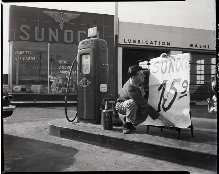 Framed Print : Gas Attendent During Jersey Gas War Framed Print : Gas Attendent During Jersey Gas War