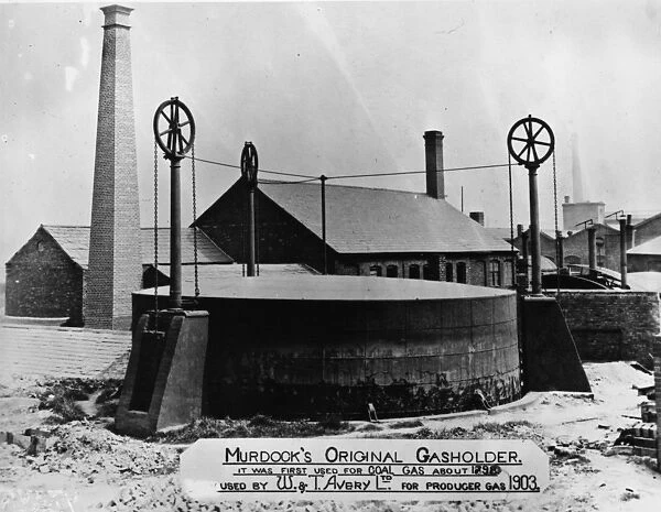 Gasholder. 1903: Murdocks original gasholder, precursor to the modern gasometer