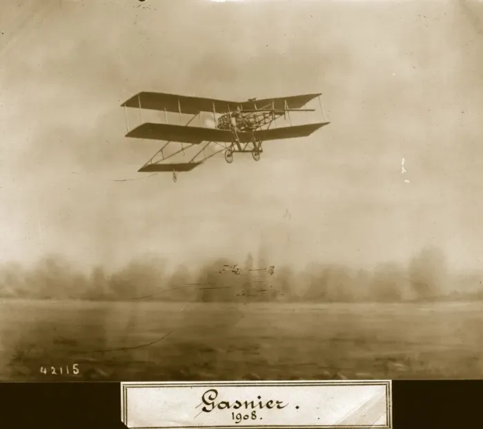 Framed Print : Gasnier. November 1908: A Gasnier biplane taking off Framed Print : Gasnier. November 1908: A Gasnier biplane taking off
