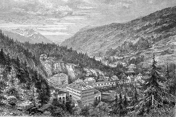 Gastein in 1880, view of the town from the Schillerhoehe, district of St. Johann im Pongau, province of Salzburg, Austria, digitally restored reproduction of an original 19th-century original