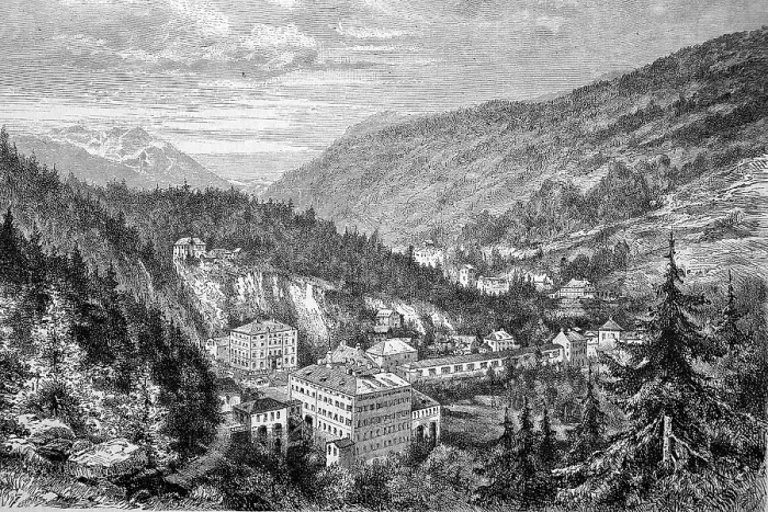 Framed Print : Gastein in 1880, view of the town from the Schillerhoehe, district of St. Johann im Pongau, province of Salzburg, Austria, digitally restored reproduction of an original 19th-century original Framed Print : Gastein in 1880, view of the town from the Schillerhoehe, district of St. Johann im Pongau, province of Salzburg, Austria, digitally restored reproduction of an original 19th-century original