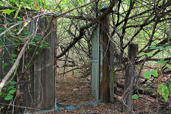 Gate to the abandoned courtyard within the Chernobyl exclusion zone