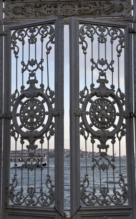 Framed Print : Gate with views of the Bosphorus from Dolmabahce Palace, Istanbul, Turkey Framed Print : Gate with views of the Bosphorus from Dolmabahce Palace, Istanbul, Turkey