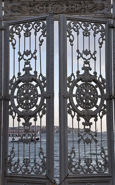 Gate with views of the Bosphorus from Dolmabahce Palace, Istanbul, Turkey