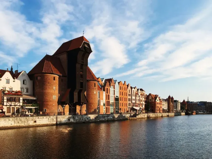 Framed Print : Gdansk skyline at Motlawa River waterfront, Poland
