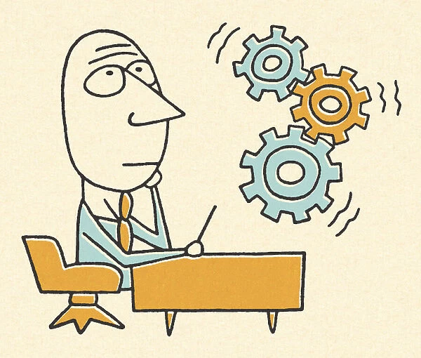 Gears Turning and Businessman Sitting at a Desk