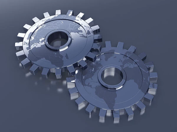 Gears with a world map, 3D illustration