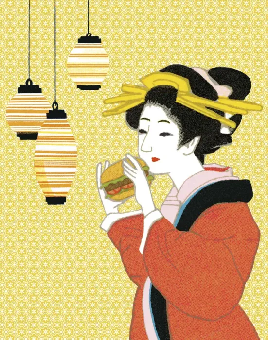 Framed Print : Geisha Eating a Hamburger Framed Print : Geisha Eating a Hamburger