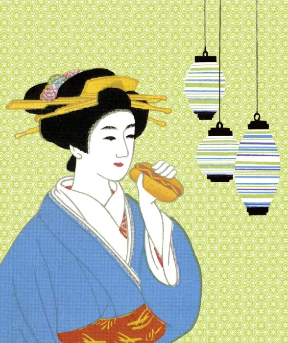 Framed Print : Geisha Eating a Hot Dog Framed Print : Geisha Eating a Hot Dog
