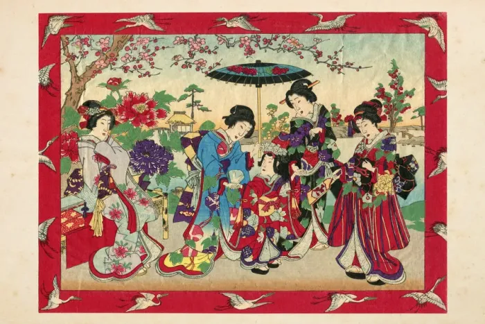 Framed Print : Geishas with princess and court ladies woodcut 1880 Framed Print : Geishas with princess and court ladies woodcut 1880
