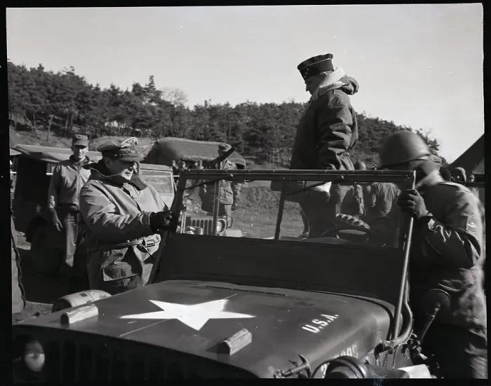 Framed Print : Gen. MacArthur and Walker in Korea; Jeep Framed Print : Gen. MacArthur and Walker in Korea; Jeep