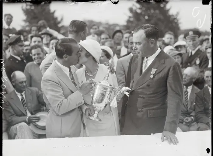 Framed Print : Gene Sarazen and Wife Accepting Trophy from H. M. Ramsey Framed Print : Gene Sarazen and Wife Accepting Trophy from H. M. Ramsey